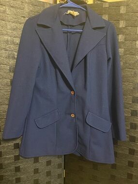 Vintage Queen Casuals 1970s Blazer Women’s Navy Blue Gold Accent Statement Piec